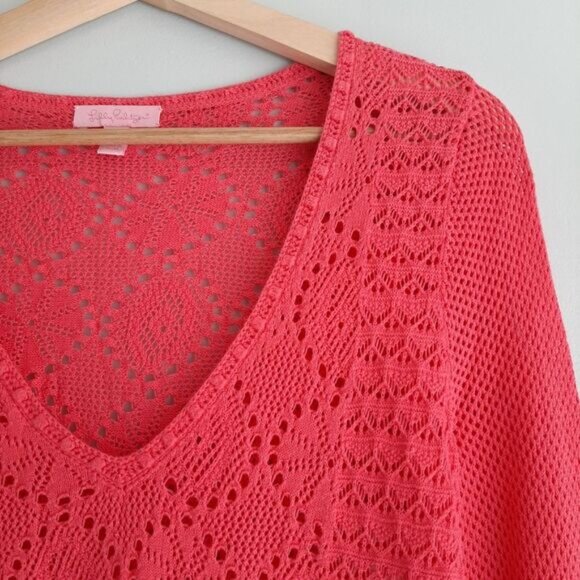 LILLY PULITZER / Pom-Pom Trim V-Neck Knit / Crochet Tunic Top Bright Pink Sz M - Picture 6 of 16